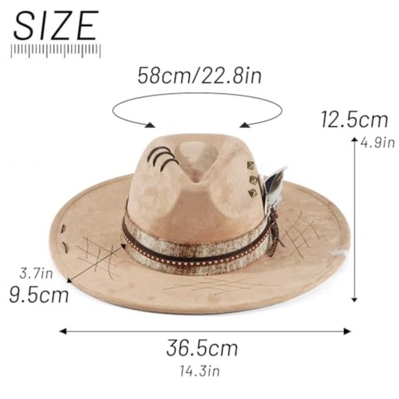Handmade Felt Fedora Hat Boho Western Wide Brim Unisex One Size M-L main image 4